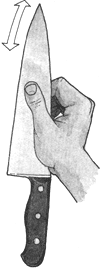The tip of a blade is often neglected; grasp the flat of the blade up near the tip and give the tip special attention when sharpening.